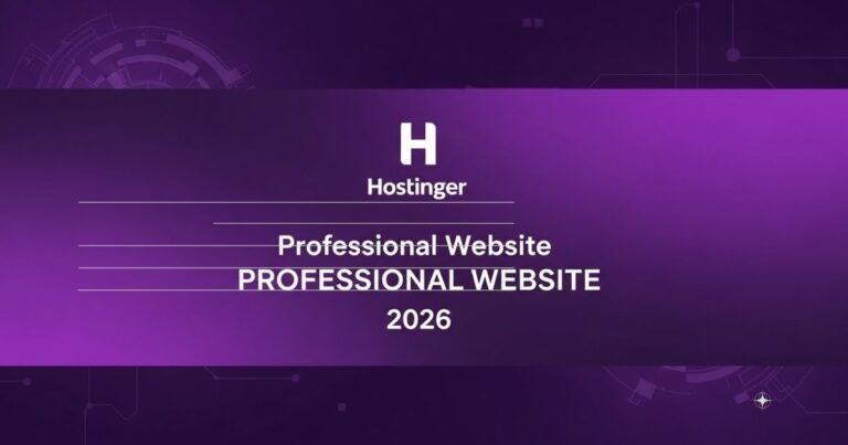 Banner com fundo gradiente em tons de roxo e violeta apresentando o logotipo branco da Hostinger ao centro. Abaixo, o texto elegante destaca: 'Guia do Site Profissional 2026'. O design é limpo, moderno e transmite tecnologia.