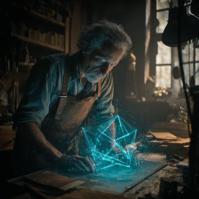 Um profissional experiente em uma oficina clássica usando hologramas de IA para projetar estratégias digitais, representando o conceito de profissional centauro.