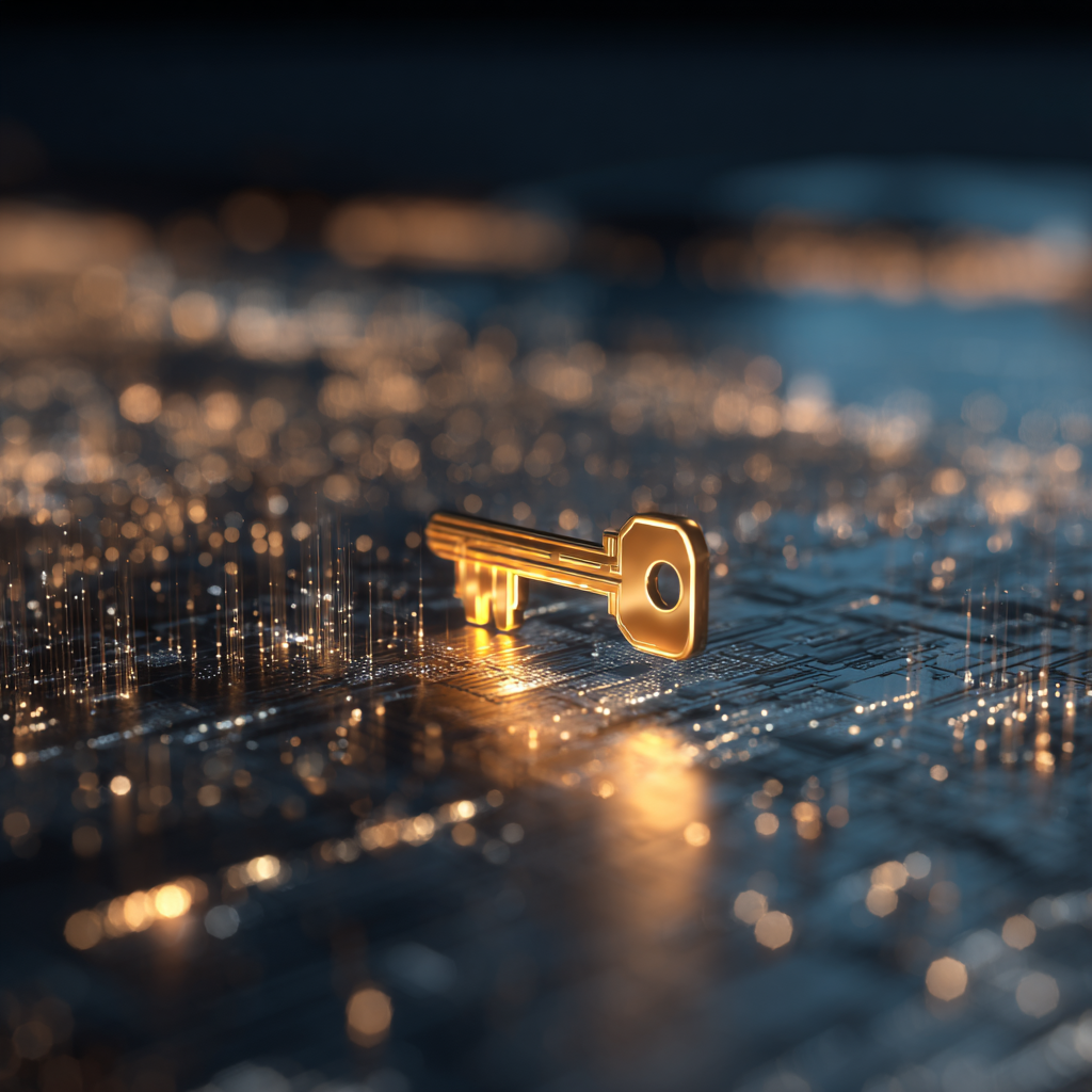 Chave dourada simbolizando a posse de ativos no imobiliário digital, sobre um projeto arquitetônico de um site moderno.