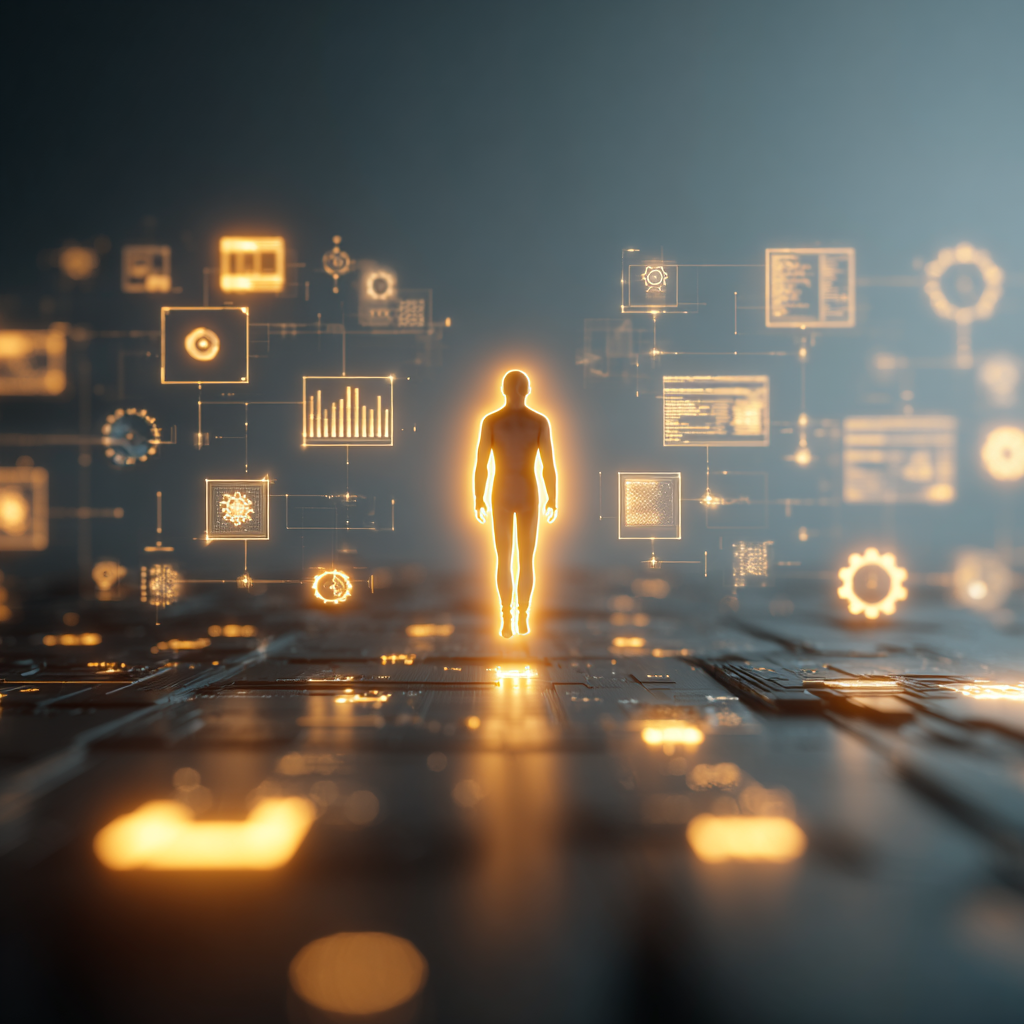 Empreendedor digital orquestrando uma rede de automação e agentes de inteligência artificial para aumentar o lucro sem necessidade de equipa.