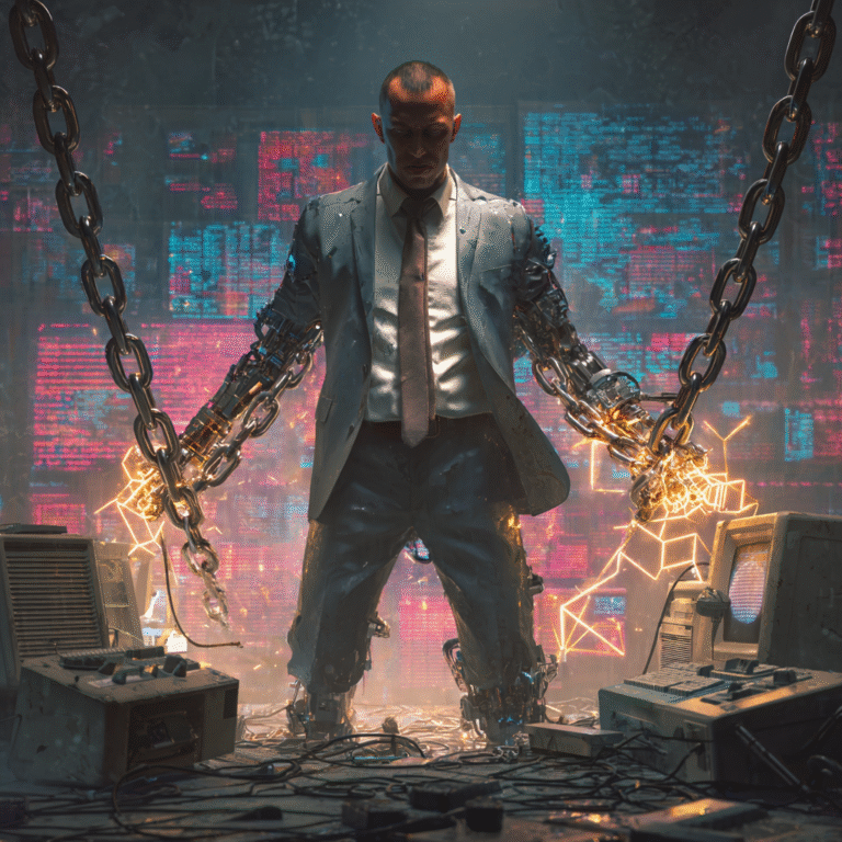 Um profissional de terno moderno quebrando correntes feitas de cabos de computador antigos, enquanto uma aura de dados e luz azul o cerca, simbolizando a transição para o papel de estrategista.