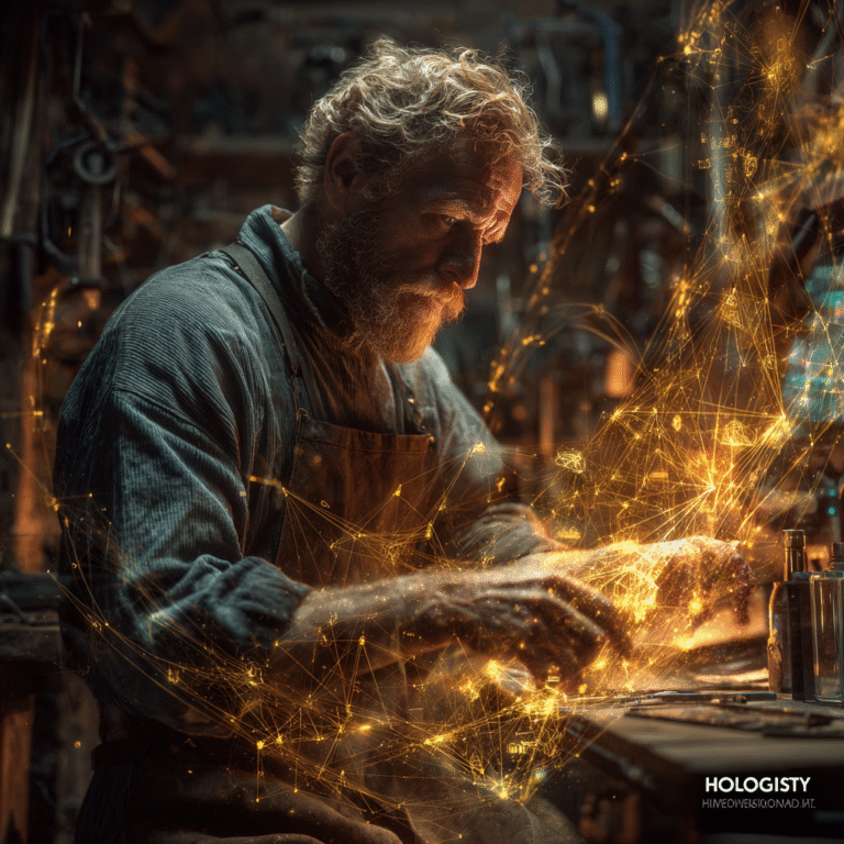 Um profissional experiente em uma oficina tradicional manipulando uma interface de software holográfica dourada que flutua sobre ferramentas antigas.