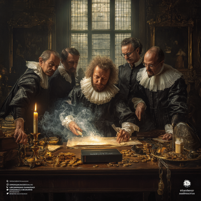 Filósofo dissecando pergaminho brilhante para mercadores, ilustrando a maestria do copywriting educativo