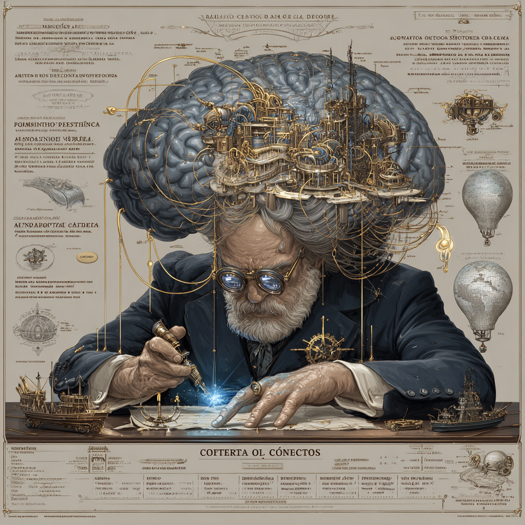 Erudito mapeando ilhas em forma de cérebro conectadas por pontes, simbolizando a estratégia de domínio de nicho e topic clusters.