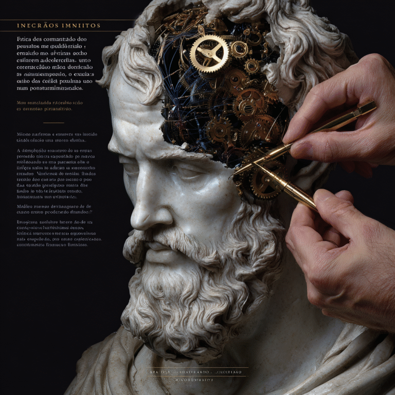 Busto de mármore com engrenagens de ouro e circuitos sendo ajustados por mão robótica, simbolizando como reprogramar sua mente para a riqueza.