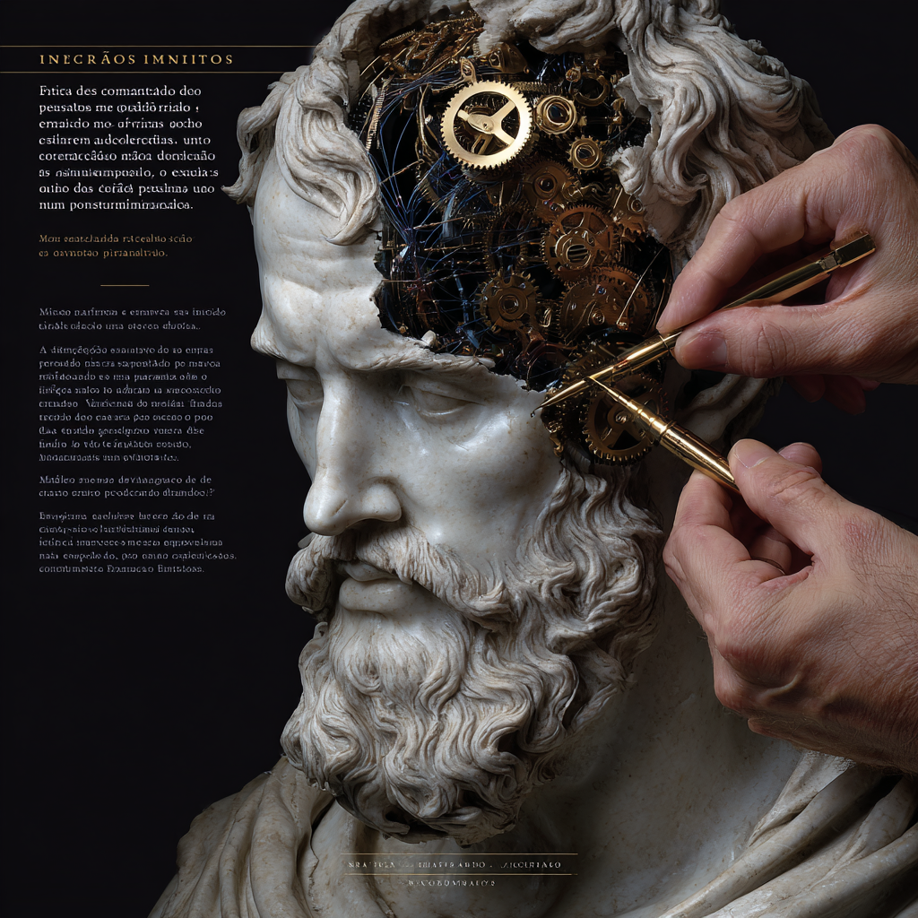 Busto de mármore com engrenagens de ouro e circuitos sendo ajustados por mão robótica, simbolizando como reprogramar sua mente para a riqueza.