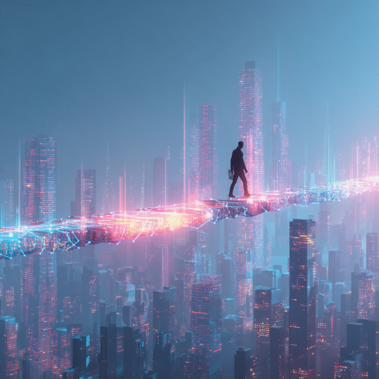 Um empreendedor brasileiro determinado caminha sobre uma ponte digital luminosa em direção a uma metrópole futurista de 2026, segurando um holograma com gráficos de lucro ascendentes. Abaixo da ponte, relógios de ponto e mesas de escritório antigas se despedaçam no abismo, simbolizando a transição da velha economia para a liberdade de empreender no digital.