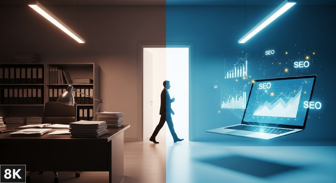 lustração dividida mostrando um profissional atravessando um portal luminoso; de um lado, um ambiente de escritório cinza e tradicional, do outro, um espaço digital vibrante com hologramas de dados e natureza integrada.