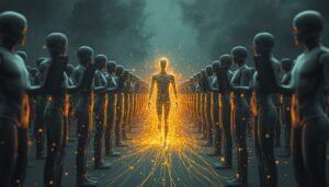 Uma figura humana vibrante e iluminada caminha na direção oposta a uma multidão de maniquins cinzentos e idênticos que olham para espelhos vazios. A figura humana emite fios de luz dourada, representando o "Porquê". Estilo arte digital cinematográfica, contraste dramático de teal frio e ouro quente.