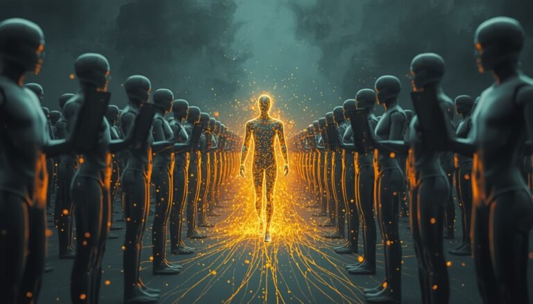 Uma figura humana vibrante e iluminada caminha na direção oposta a uma multidão de maniquins cinzentos e idênticos que olham para espelhos vazios. A figura humana emite fios de luz dourada, representando o "Porquê". Estilo arte digital cinematográfica, contraste dramático de teal frio e ouro quente.