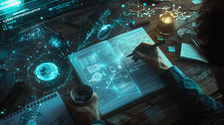 Uma imagem cinematográfica que mostra a mesa de trabalho de um profissional moderno. De um lado, cadernos e canetas representam a criatividade humana; do outro, redes neurais e dados holográficos representam a IA. A iluminação é dramática em tons de dourado e azul, simbolizando a colaboração entre homem e máquina.