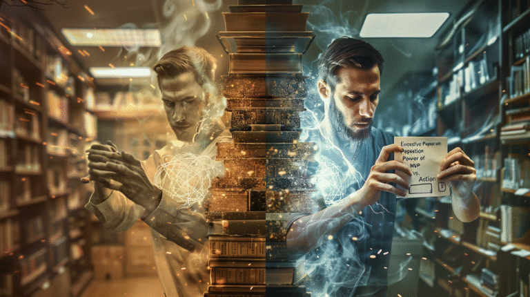 Uma imagem dividida: à esquerda, um homem estático como uma estátua de mármore carregando livros empoeirados; à direita, o mesmo homem em movimento, cruzando uma linha de chegada com um protótipo simples na mão.