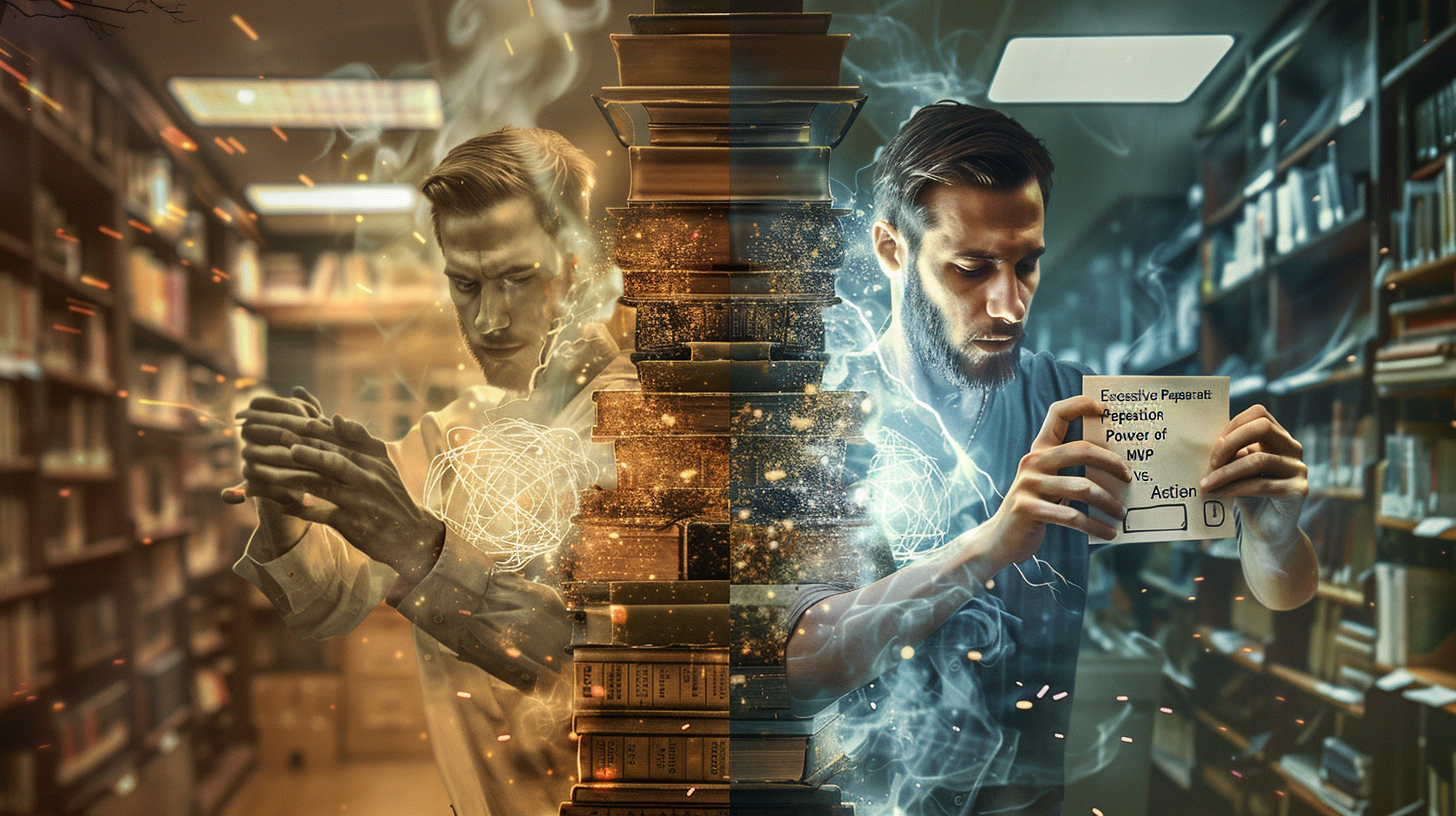 Uma imagem dividida: à esquerda, um homem estático como uma estátua de mármore carregando livros empoeirados; à direita, o mesmo homem em movimento, cruzando uma linha de chegada com um protótipo simples na mão.