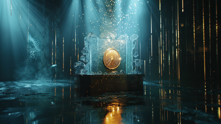 Uma imagem conceitual de um termostato antigo e luxuoso em um palco escuro, dividido entre texturas de gelo azul e fogo dourado. Uma silhueta humana etérea ajusta o dispositivo, simbolizando a reprogramação da mente para suportar a riqueza e o sucesso no mercado digital