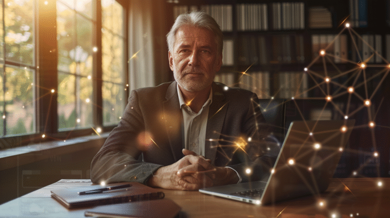 Fotografia realista de um homem de aproximadamente 50 anos, com cabelos grisalhos e expressão confiante, sentado em um escritório moderno. Elementos digitais brilhantes e sutis flutuam ao seu redor, simbolizando a integração entre a sabedoria da experiência e a tecnologia digital. A iluminação é suave e profissional.