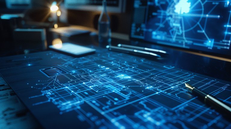 Close-up de uma mesa de trabalho moderna e sofisticada com diagramas técnicos e projeções digitais sutis. Uma caneta-tinteiro clássica ao lado de um smartphone elegante, representando a união da estratégia com a tecnologia. Iluminação dramática em tons de azul profundo e prata.