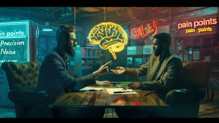 Uma cena cinematográfica onde um mentor calmo analisa um mapa cerebral holográfico para um cliente, em contraste com um fundo barulhento de anúncios neon, simbolizando o marketing de precisão e autoridade.