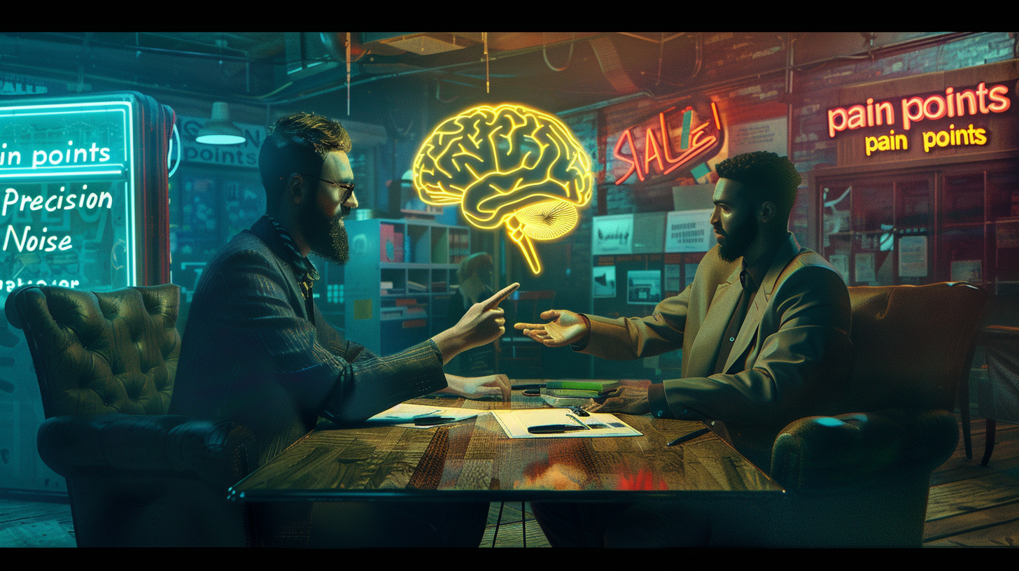 Uma cena cinematográfica onde um mentor calmo analisa um mapa cerebral holográfico para um cliente, em contraste com um fundo barulhento de anúncios neon, simbolizando o marketing de precisão e autoridade.