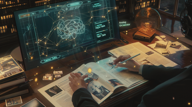 Espaço de trabalho de um estrategista digital com uma mesa dividida: de um lado, livros físicos de Peter Senge e Austin Kleon com cadernos de rascunho; do outro, um monitor moderno exibindo redes neurais de IA, simbolizando a colaboração entre humanos e máquinas.