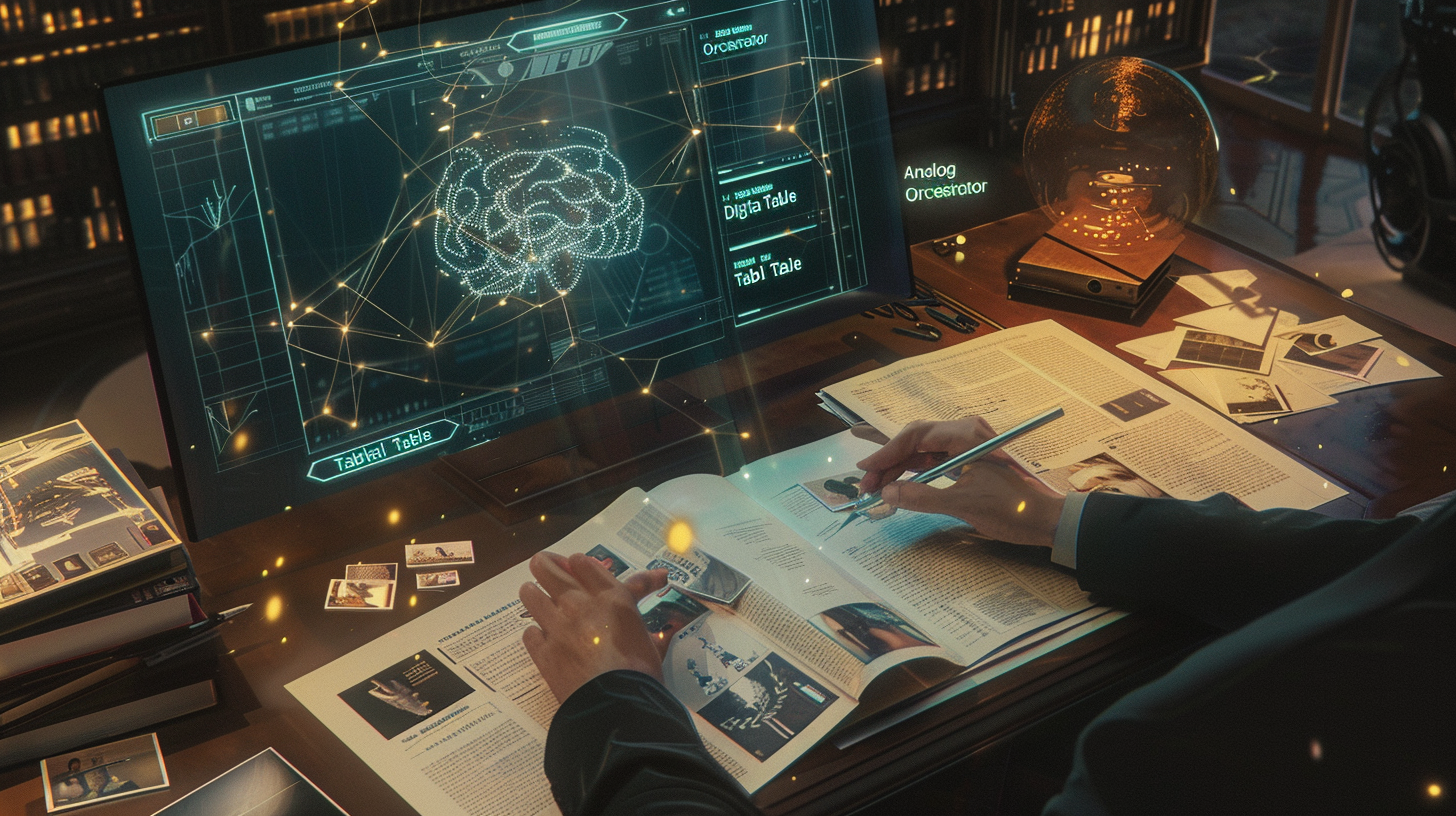 Espaço de trabalho de um estrategista digital com uma mesa dividida: de um lado, livros físicos de Peter Senge e Austin Kleon com cadernos de rascunho; do outro, um monitor moderno exibindo redes neurais de IA, simbolizando a colaboração entre humanos e máquinas.