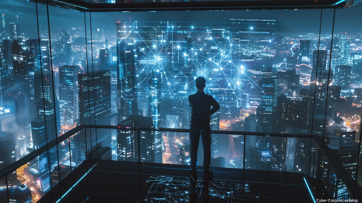 Imagem cinematográfica de um profissional em um ambiente moderno e luxuoso, controlando redes de dados e inteligência artificial representadas por hologramas dourados e azuis. Ao fundo, uma cidade futurista à noite simboliza o mercado global e a alavancagem tecnológica.