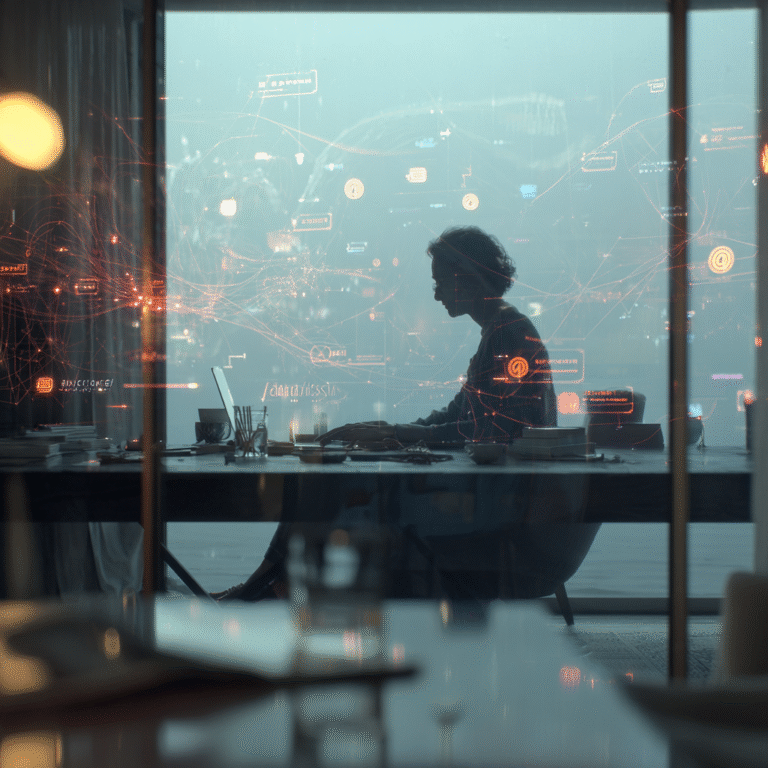 "Empreendedor digital em estado de Trabalho Focado dentro de um escudo de luz azul que repele distrações digitais e notificações, simbolizando clareza mental e essencialismo."