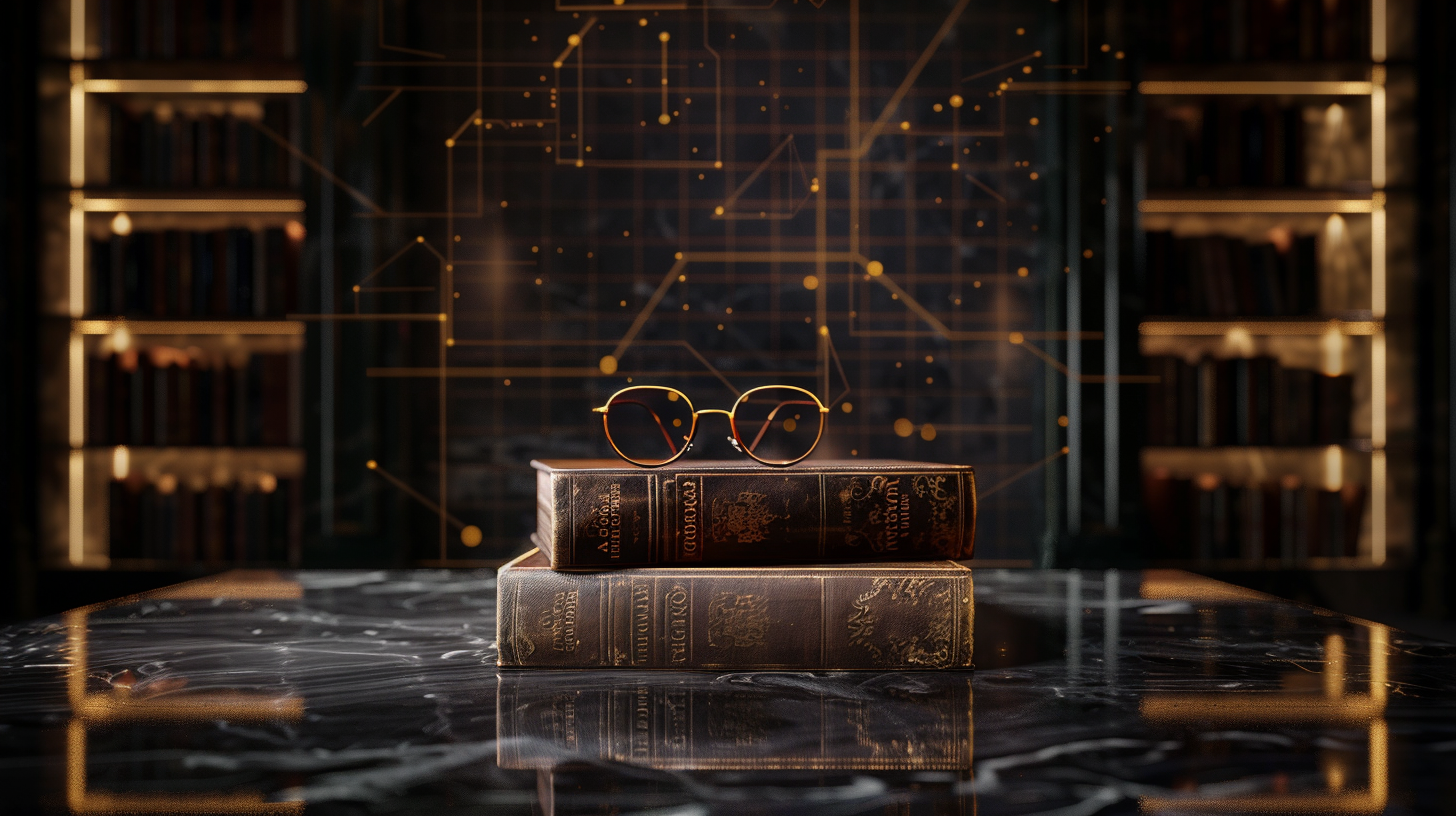 Livros de estratégia sobre mesa de mármore com projeção de planta arquitetônica ao fundo, representando a construção de uma base sólida de conhecimento em vendas e persuasão.