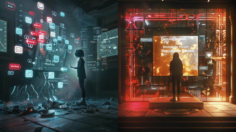 Imagem dividida mostrando à esquerda a fragilidade de um influenciador cercado por métricas de vaidade e, à direita, a solidez de um empresário construindo ativos e autoridade real.