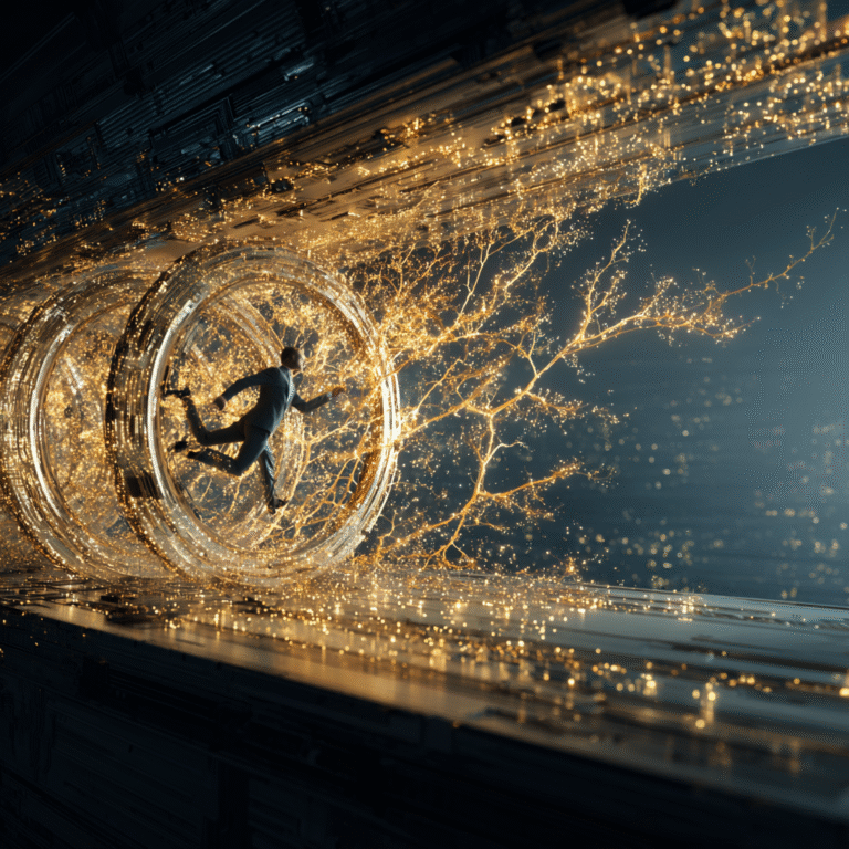 "Uma metáfora visual da Psicologia do Dinheiro mostrando a transição da escassez para a abundância. À esquerda, uma pessoa exausta corre em uma roda de hamster dourada (corrida dos ratos) em um ambiente escuro. À direita, sob a luz do sol, a mesma pessoa cultiva uma árvore digital feita de luz e dados em uma varanda futurista, simbolizando a construção de ativos e a liberdade financeira em 2026."