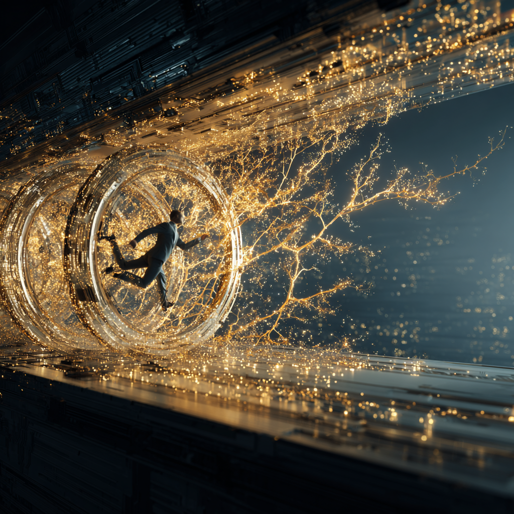 "Uma metáfora visual da Psicologia do Dinheiro mostrando a transição da escassez para a abundância. À esquerda, uma pessoa exausta corre em uma roda de hamster dourada (corrida dos ratos) em um ambiente escuro. À direita, sob a luz do sol, a mesma pessoa cultiva uma árvore digital feita de luz e dados em uma varanda futurista, simbolizando a construção de ativos e a liberdade financeira em 2026."