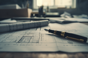 Close-up minimalista e de alto contraste da mesa de um arquiteto. Sobre a mesa, plantas detalhadas (blueprints) de um arranha-céu estão espalhadas, com uma caneta-tinteiro vintage repousando sobre os desenhos técnicos. A cena é iluminada por uma luz natural suave vinda de uma janela lateral. A estética é limpa, profissional e sofisticada, com tons monocromáticos e sutis nuances de azul profundo. Foco nítido na textura do papel e profundidade de campo reduzida.