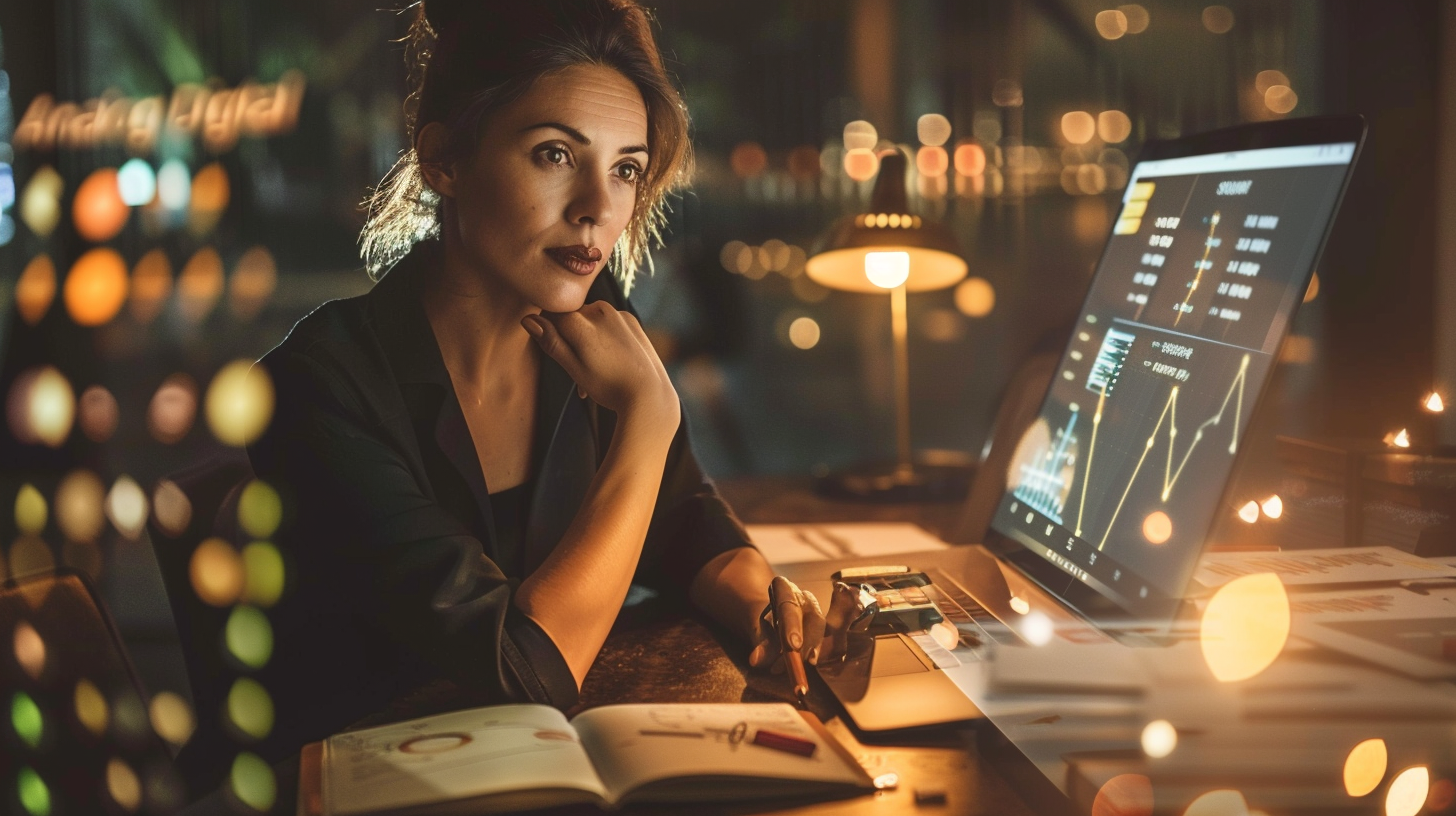 Uma mulher elegante de 52 anos em um ambiente de trabalho que mistura o analógico (cadernos e canetas) com o digital (laptop moderno com luzes de dados). Ela representa a fusão entre a sabedoria da experiência e a eficiência tecnológica.