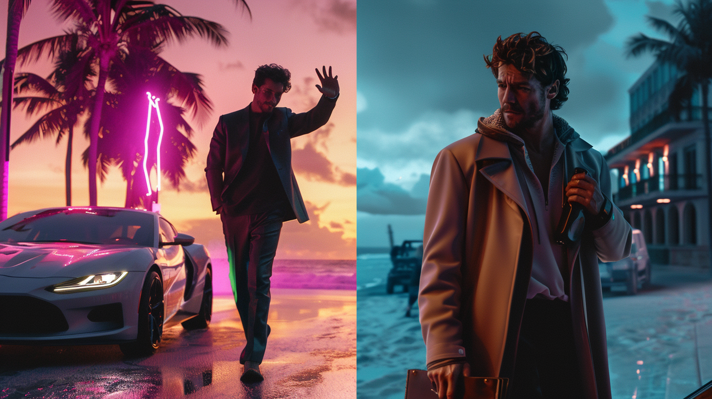 Uma imagem dividida em duas partes. À esquerda, sob luzes artificiais e flashes, um homem estressado gesticula ao lado de um carro de luxo. À direita, sob luz natural e calma, uma pessoa serena caminha na praia com a família, sorrindo. A imagem ilustra o contraste entre a riqueza ostentada e a prosperidade vivida.