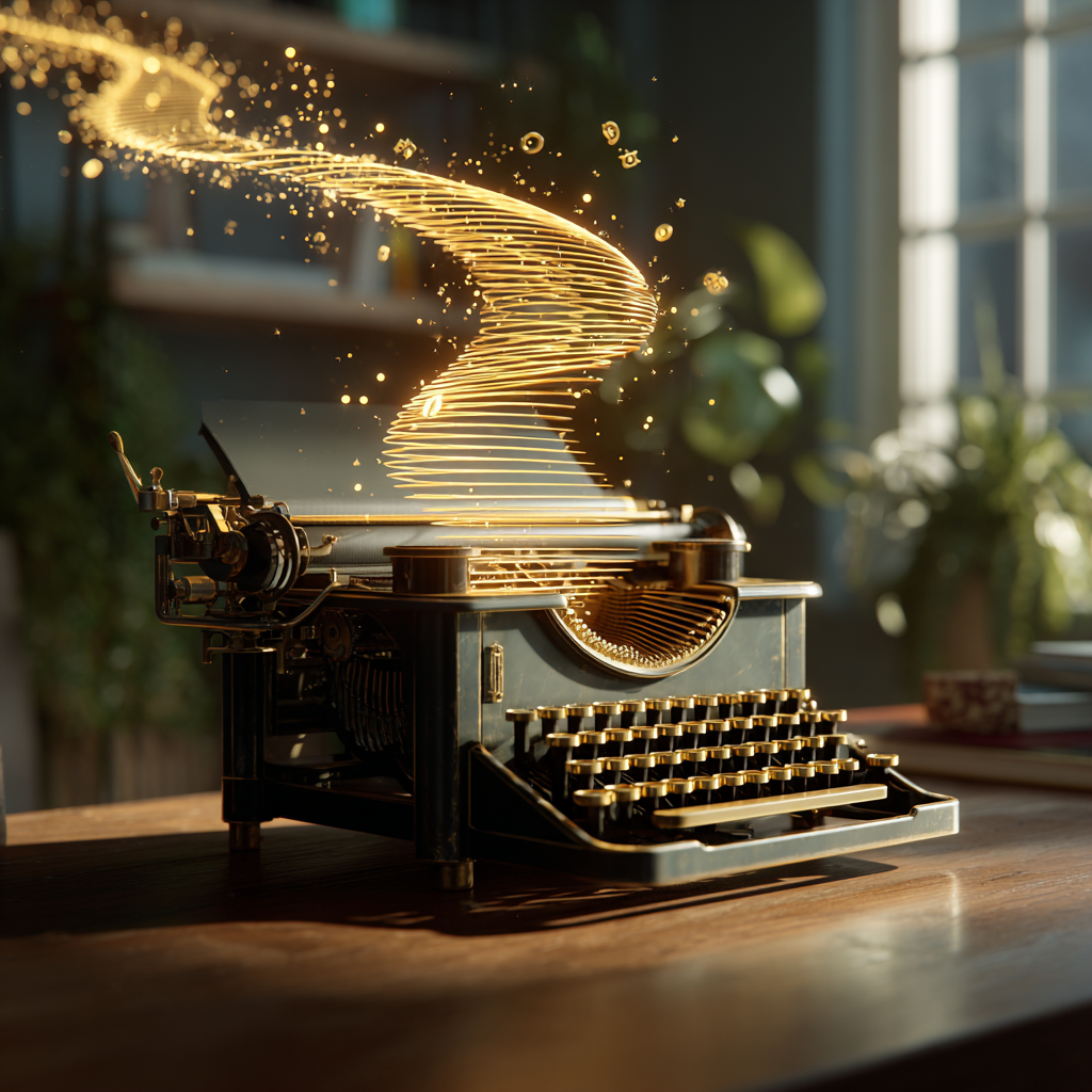 "Uma máquina de escrever clássica em uma mesa moderna, de onde sai uma fita de tinta dourada que se transforma em moedas de ouro, simbolizando a riqueza gerada pela escrita persuasiva."