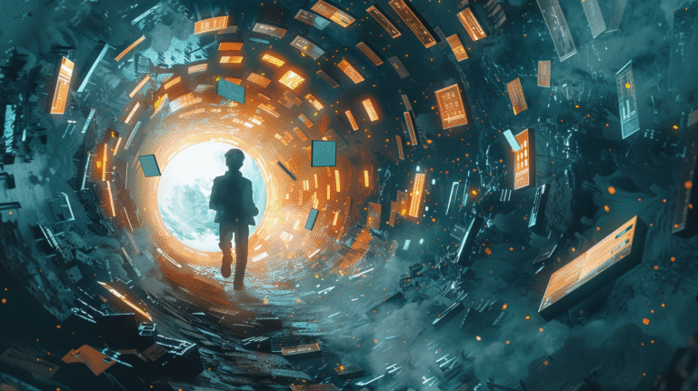 Uma ilustração surrealista de um homem preso em uma roda de hamster feita de telas de redes sociais, cercado por livros, enquanto ao fundo se vê uma fileira de dominós gigantes perfeitamente alinhados em direção ao sucesso.