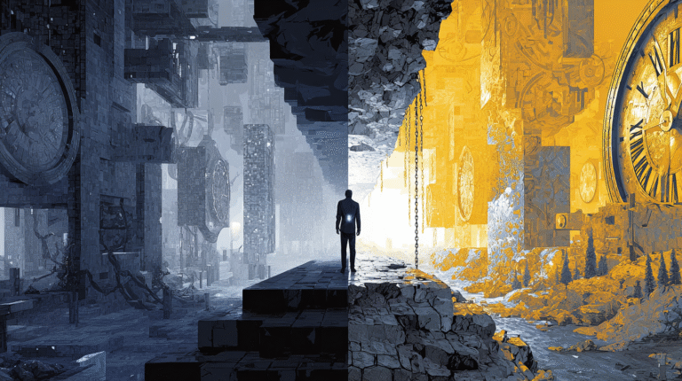 Ilustração conceitual cinematográfica dividida em duas realidades. À esquerda, em tons de cinza e concreto, representa-se a "prisão corporativa" do mercado tradicional com relógios e engrenagens pesadas. À direita, um horizonte dourado e tecnológico com estruturas de dados flutuantes, representando a liberdade do mercado digital. No centro, a silhueta de uma pessoa atravessa uma parede quebrada segurando um projeto luminoso, simbolizando a engenharia de uma nova vida e a fuga do modelo CLT.