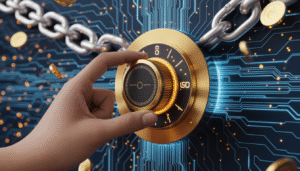 Uma mão humana ajustando um termostato dourado e brilhante incrustado em uma parede de circuitos neurais azul-neon. Ao fundo, correntes de metal se quebram e se transformam em moedas de ouro flutuantes. Estilo arte digital futurista, iluminação dramática, 8k.