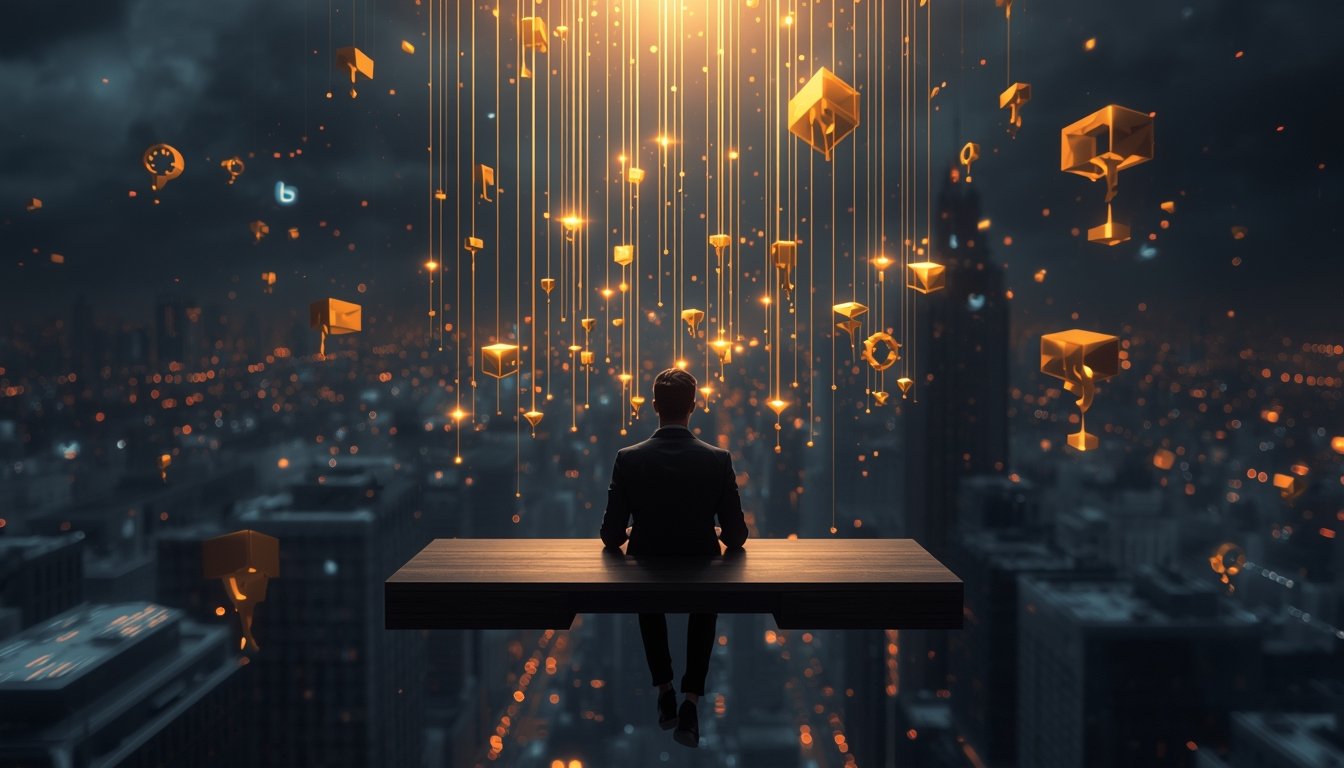Ilustração surrealista de um empreendedor sereno sentado em uma mesa minimalista flutuando sobre uma metrópole caótica cheia de notificações e relógios derretendo. Linhas douradas de dados e circuitos conectam sua mente a estruturas sólidas de ouro que representam ativos digitais. Estilo cinematográfico, iluminação dramática, 8k.