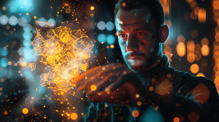Um homem elegante e focado observa um holograma complexo de engrenagens douradas e conexões neurais que flutuam em um ambiente de escritório minimalista e escuro, simbolizando o pensamento sistêmico sobre o caos digital.