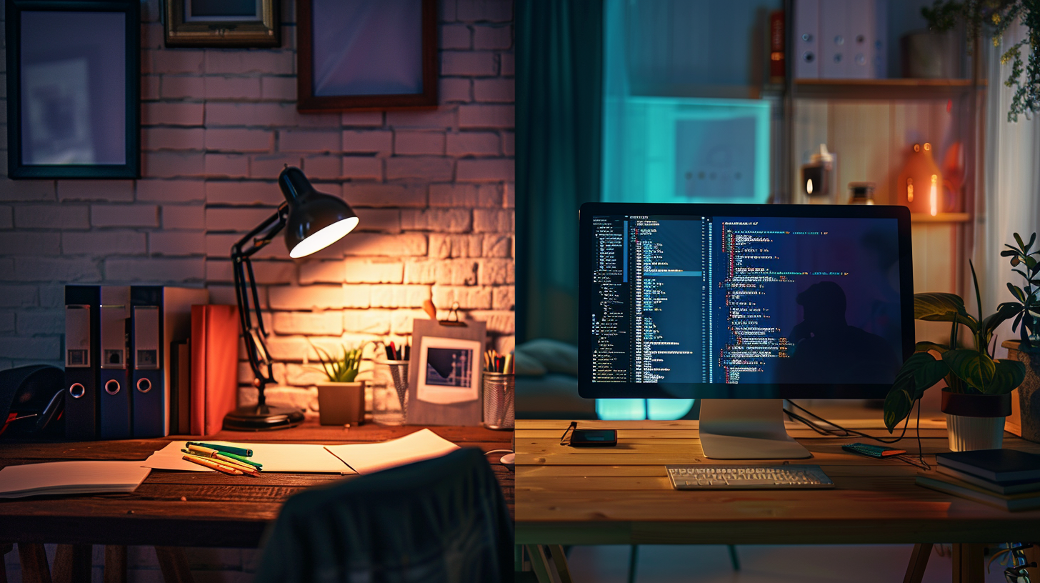 Um cômodo dividido em dois: à esquerda, uma mesa de madeira clássica repleta de papéis, rascunhos e livros; à direita, um ambiente digital minimalista com uma tela moderna. Um criador caminha entre os dois mundos, simbolizando o método das duas mesas.