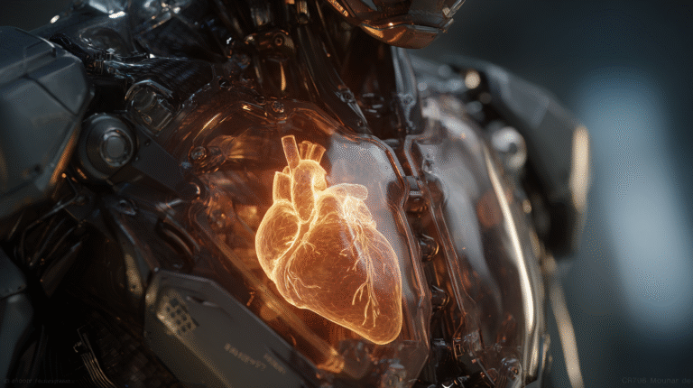 Uma armadura robótica translúcida e tecnológica, de design futurista e elegante, dentro da qual brilha um coração humano orgânico e pulsante de luz quente. O fundo é um fluxo de dados binários frios, contrastando com a vida no centro.