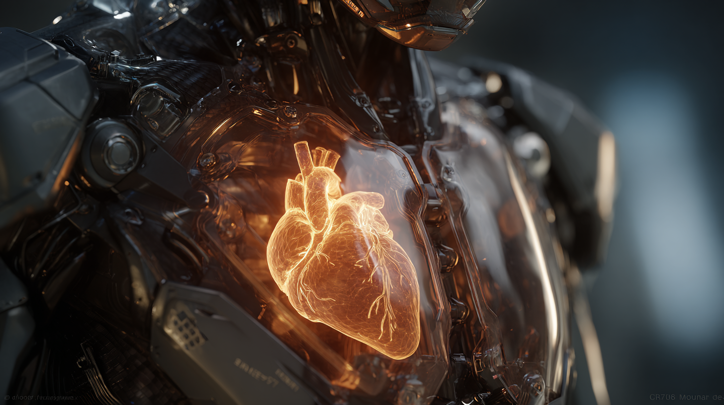 Uma armadura robótica translúcida e tecnológica, de design futurista e elegante, dentro da qual brilha um coração humano orgânico e pulsante de luz quente. O fundo é um fluxo de dados binários frios, contrastando com a vida no centro.