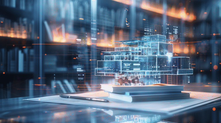 Renderização 3D de alta qualidade de uma escrivaninha de arquiteto minimalista e expansiva em um escritório limpo, com uma grande janela à esquerda banhada pelo sol e um monitor ultra-wide à direita exibindo dashboards analíticos. No centro da escrivaninha, um holograma central e flutuante de uma grandiosa estrutura de biblioteca de tijolos de luz azul com prateleiras e livros formados por 'tijolos' de luz brilha, simbolizando a construção estratégica de autoridade. Uma pilha de quatro livros de design ("Design Architecture", "Design Design", etc.) e uma caneta stylus metálica elegante estão à esquerda. A composição é perfeitamente horizontal e expansiva.